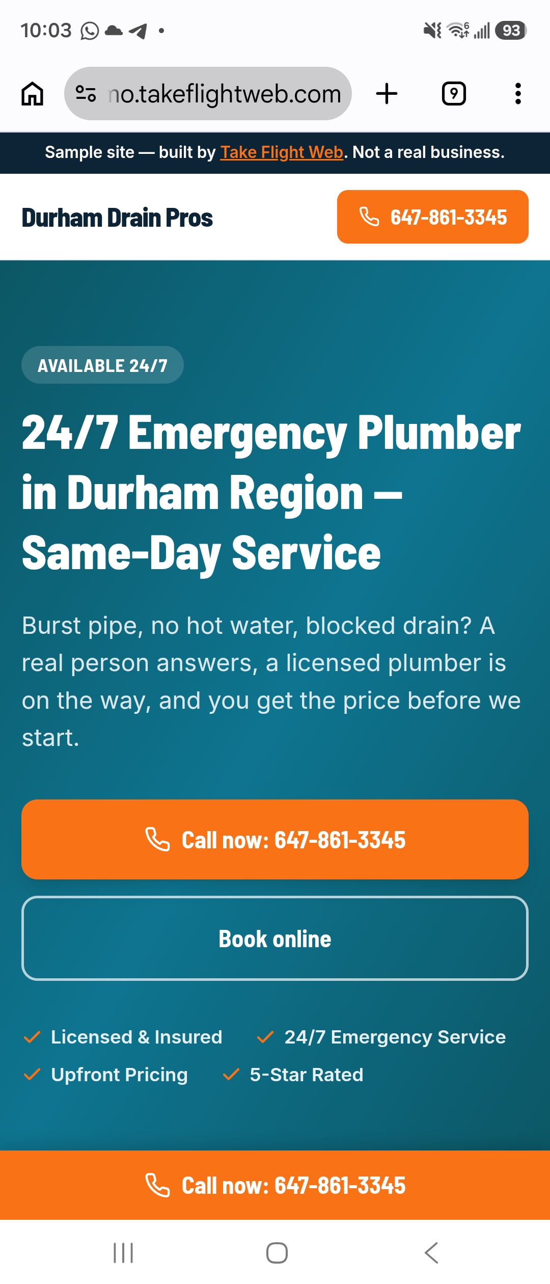 The live demo plumber site on a phone, with the tap-to-call button front and centre